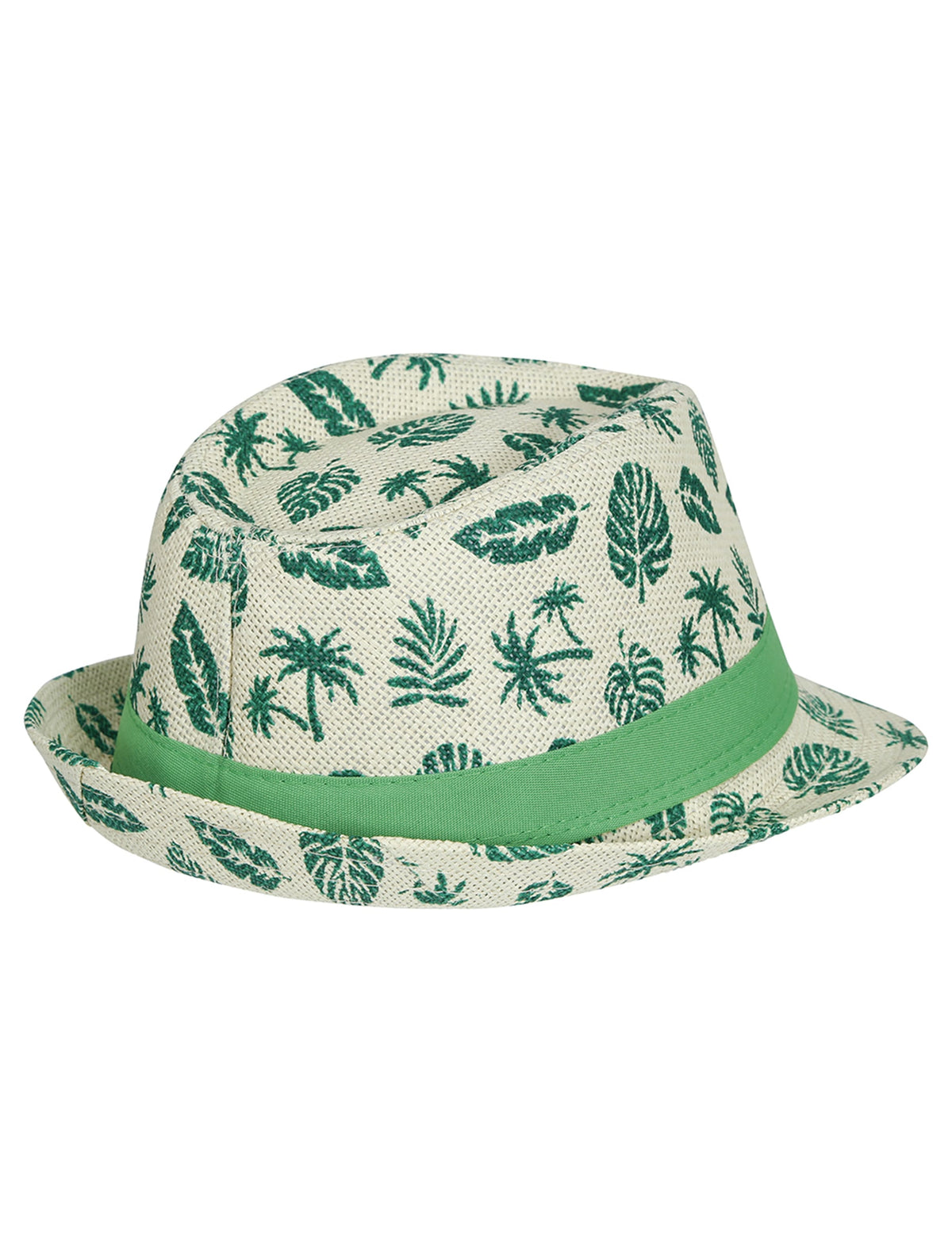 Vue de trois-quarts du chapeau d'été motif feuille