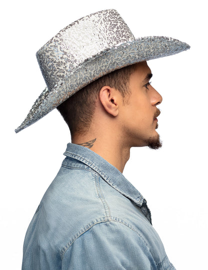 Srebrn bleščeč kavbojski klobuk za odrasle