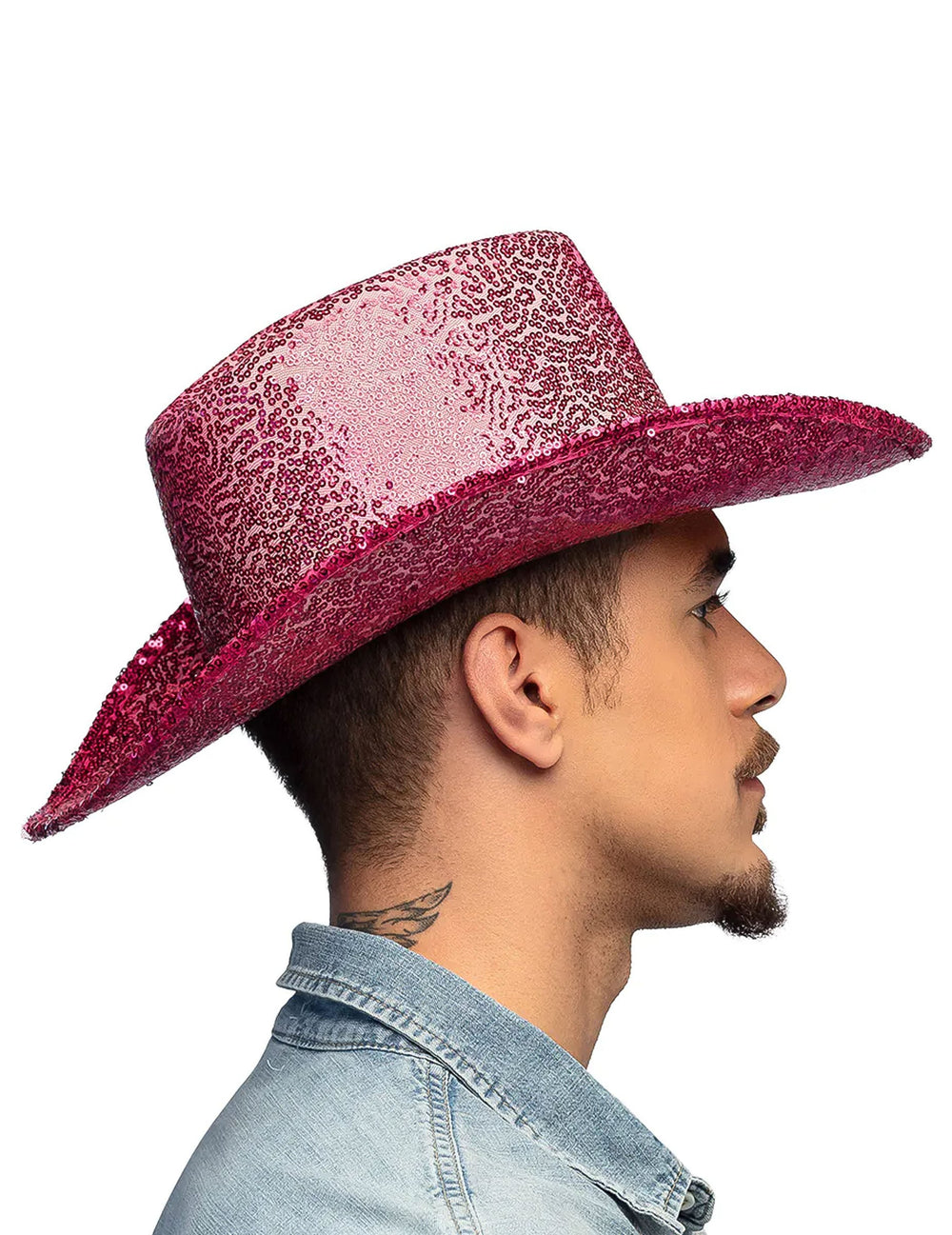 Vue de profil du chapeau de cowboy à sequins rose fuchsia
