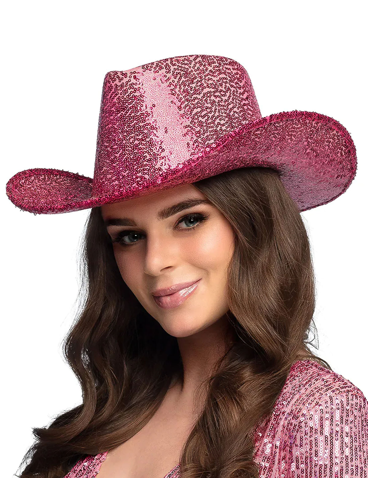 Chapeau de cowboy à sequins pour adulte rose fuchsia