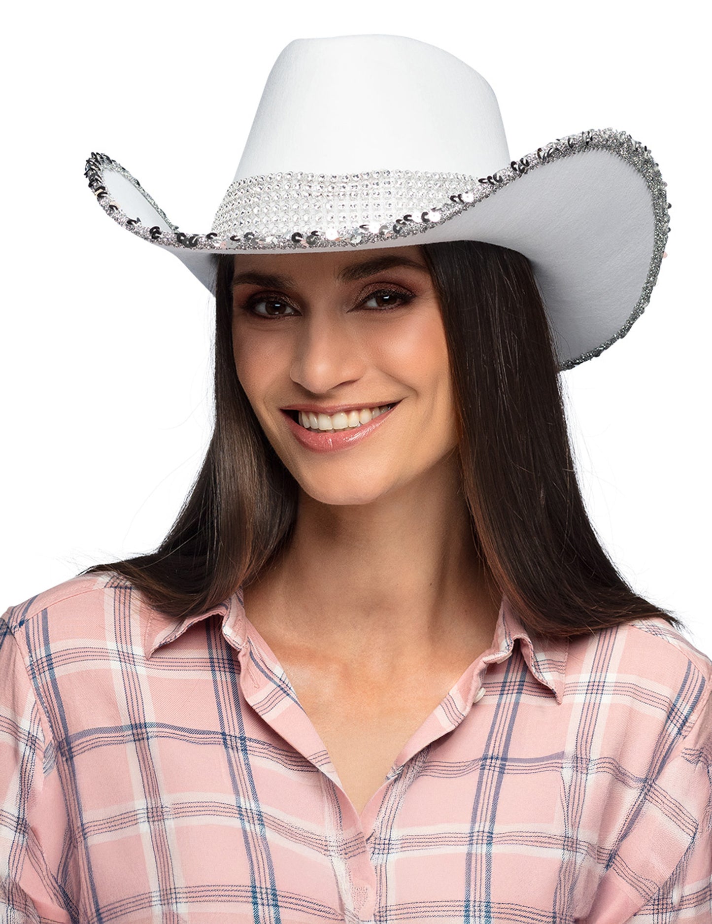 Bel kavbojski klobuk za odrasle z okrasnimi kamni