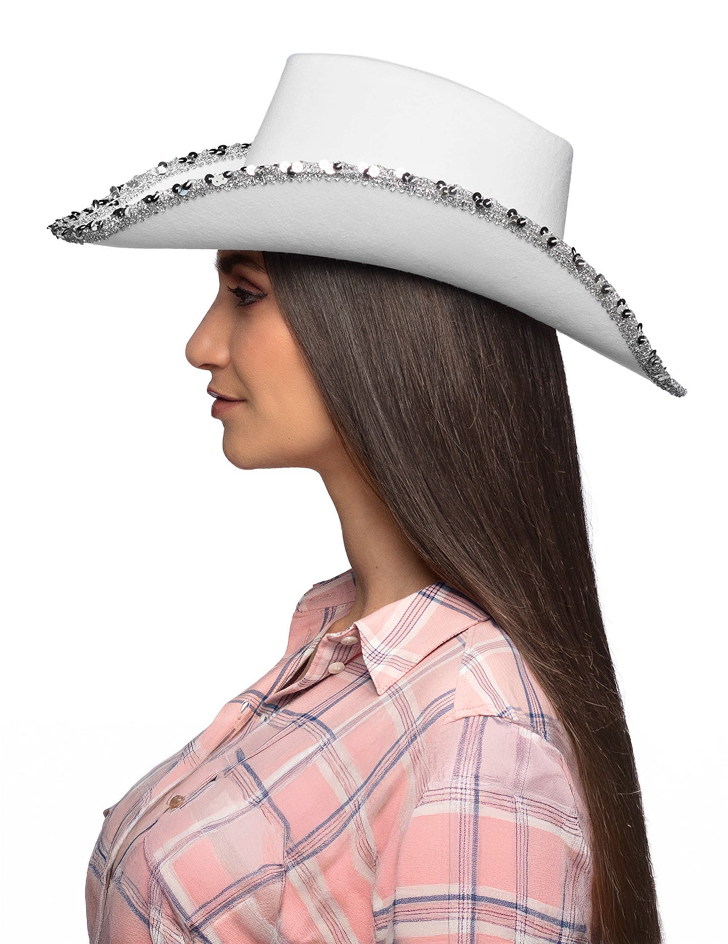 Bel kavbojski klobuk za odrasle z okrasnimi kamni