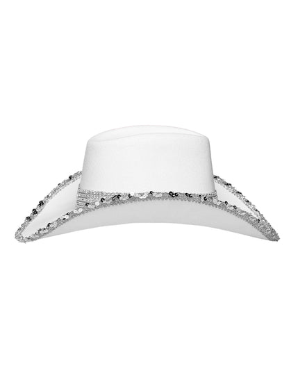 Vue de côté du chapeau de cowboy blanc à strass pour adulte