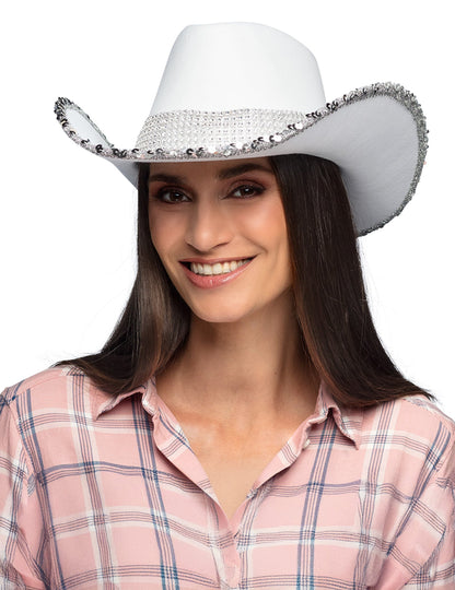 Chapeau de cowboy blanc à strass pour adulte blanc avec bordure de sequins argentés