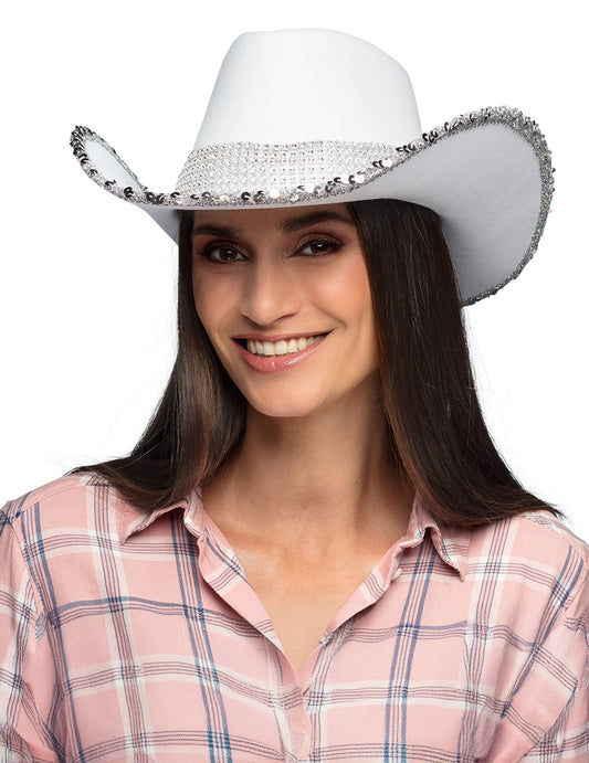 Chapeau de cowboy blanc à strass pour adulte blanc avec bordure de sequins argentés