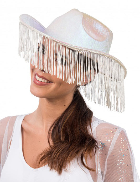Chapeau de cowboy pour adulte irisé blanc avec franges