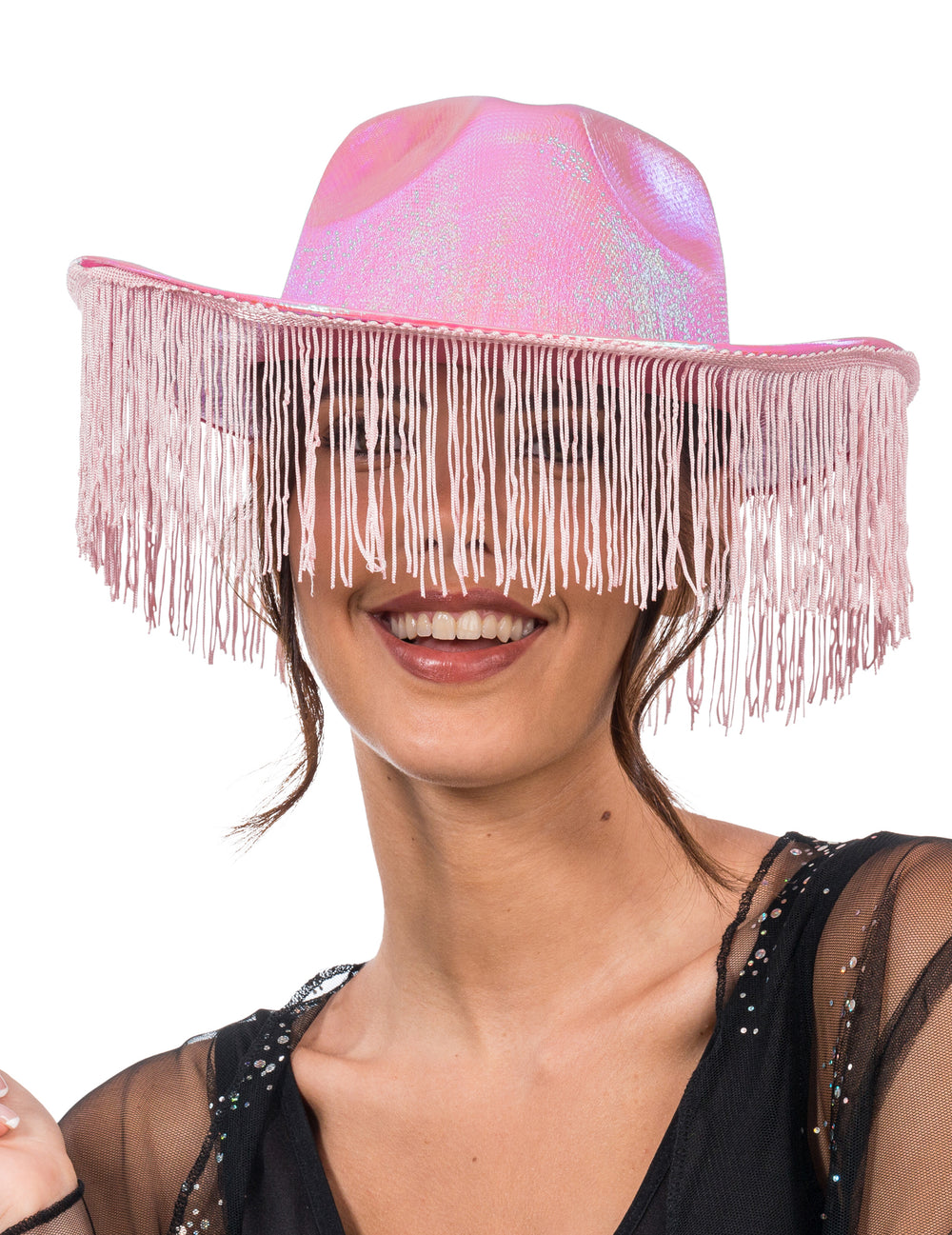 Gros plan sur les franges du chapeau de cowboy irisé rose avec franges pour adulte