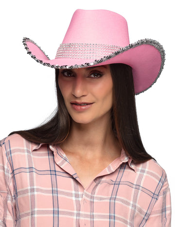 Svetlo roza kavbojski klobuk za odrasle z okrasnimi kamni