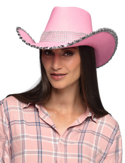 Svetlo roza kavbojski klobuk za odrasle z okrasnimi kamni