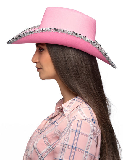 Svetlo roza kavbojski klobuk za odrasle z okrasnimi kamni