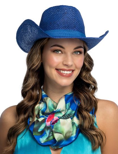 Modri pleteni kavbojski klobuk za odrasle
