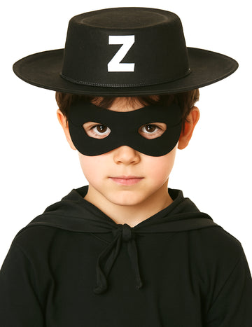 Chapeau de justicier masqué pour enfant noir avec lettre Z blanche