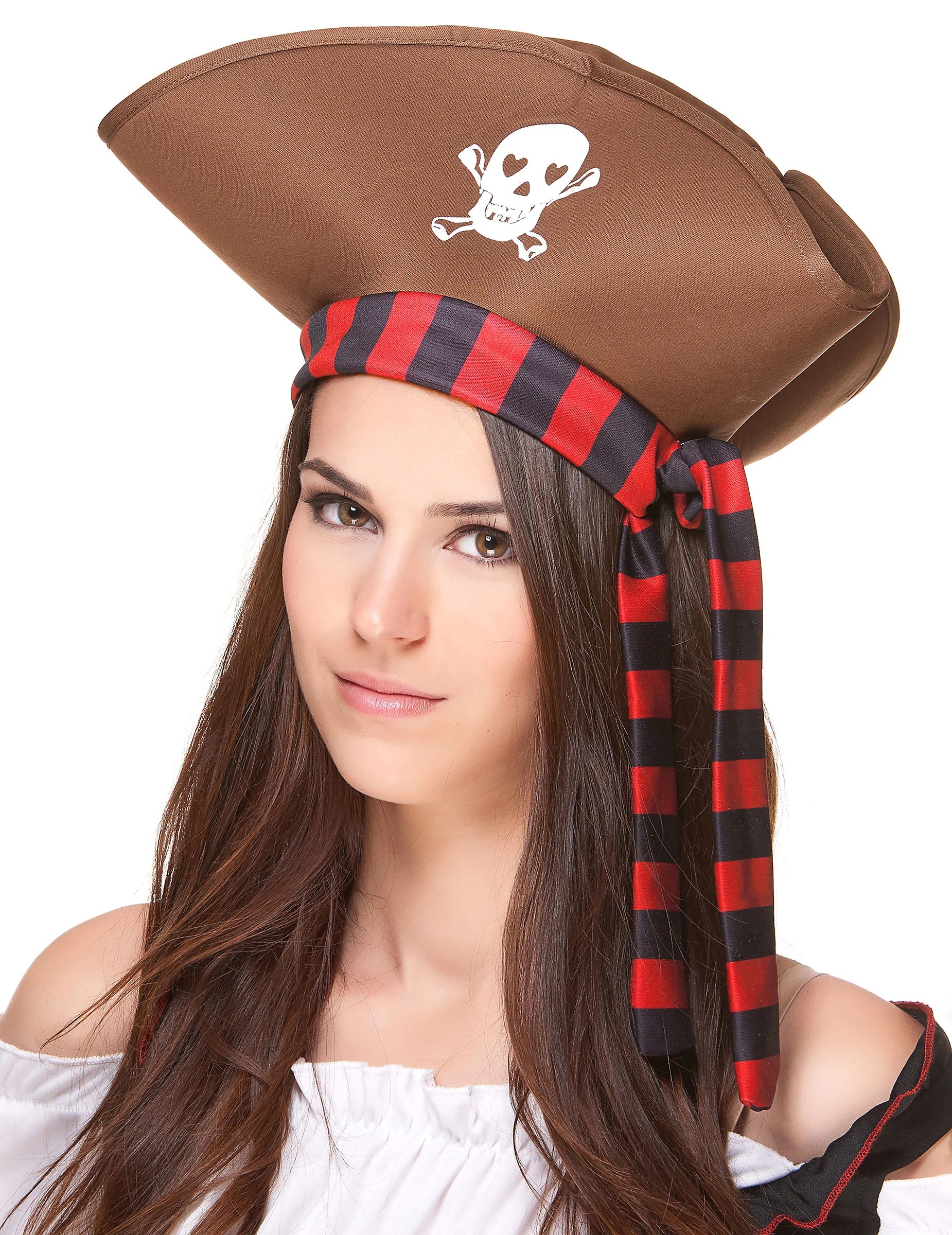 Chapeau de pirate pour adulte marron avec bandeau à rayures rouges et noires