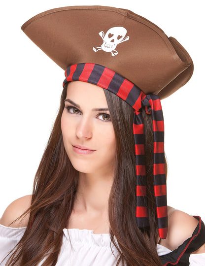 Chapeau de pirate pour adulte marron avec bandeau à rayures rouges et noires