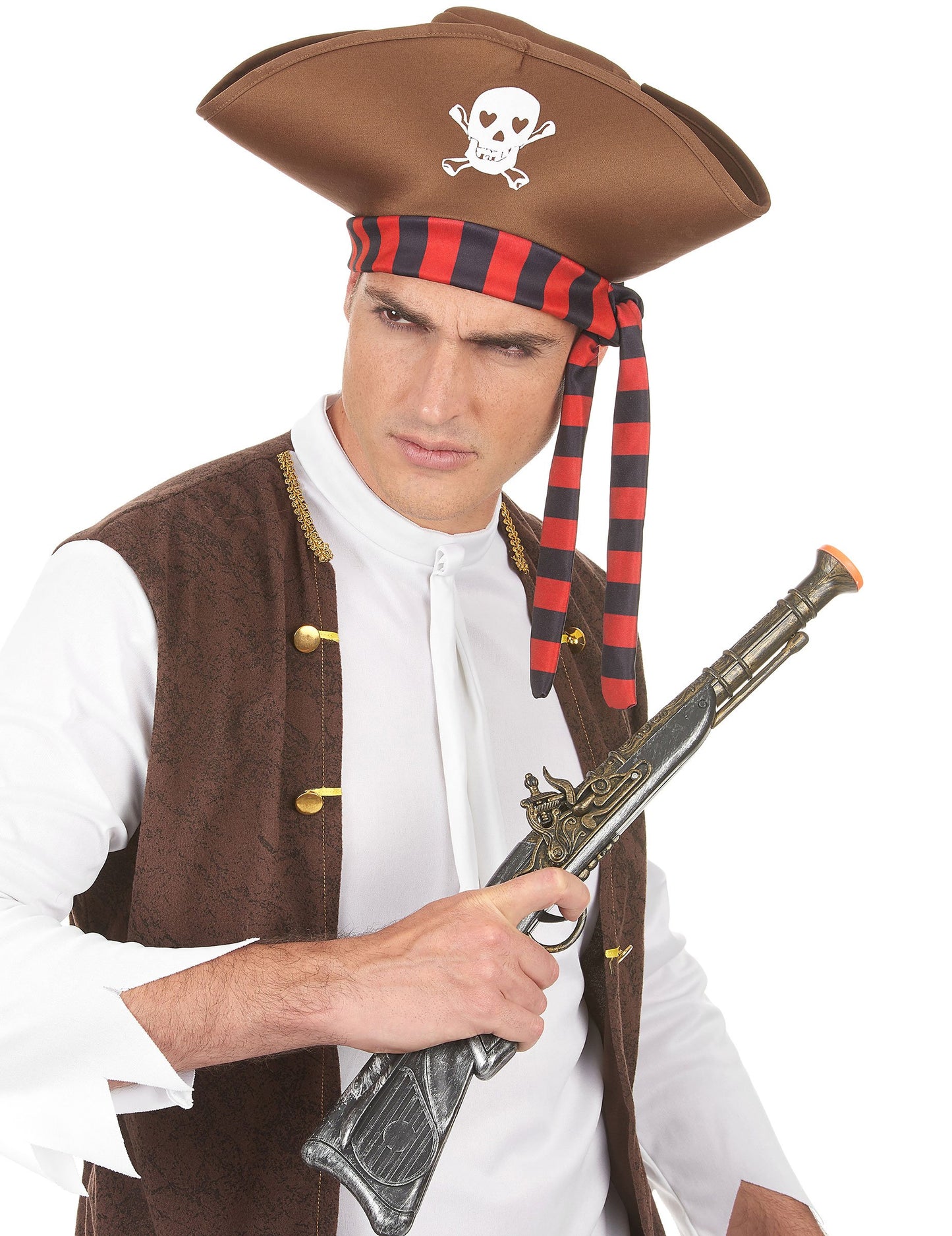 Vue de face du chapeau de pirate pour adulte marron