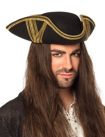Chapeau de pirate noir à liseré or adulte
