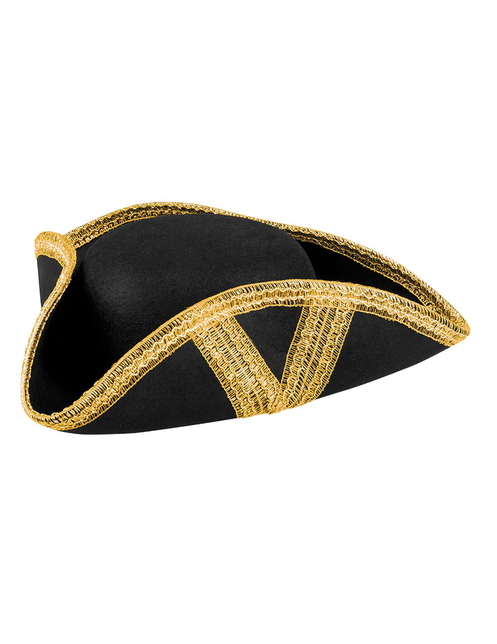 Vue de trois-quarts du chapeau de pirate pour adulte noir à liseré or