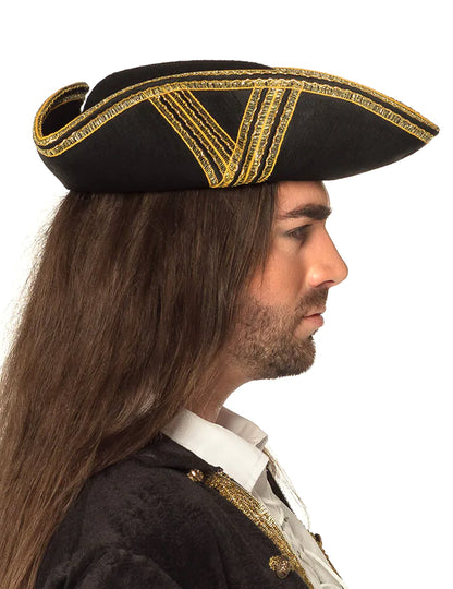 Vue de profil du chapeau de pirate pour adulte noir à liseré or