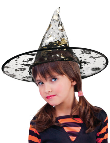 Chapeau de sorcière araignée pour enfant noir avec motifs dorés et voile transparent