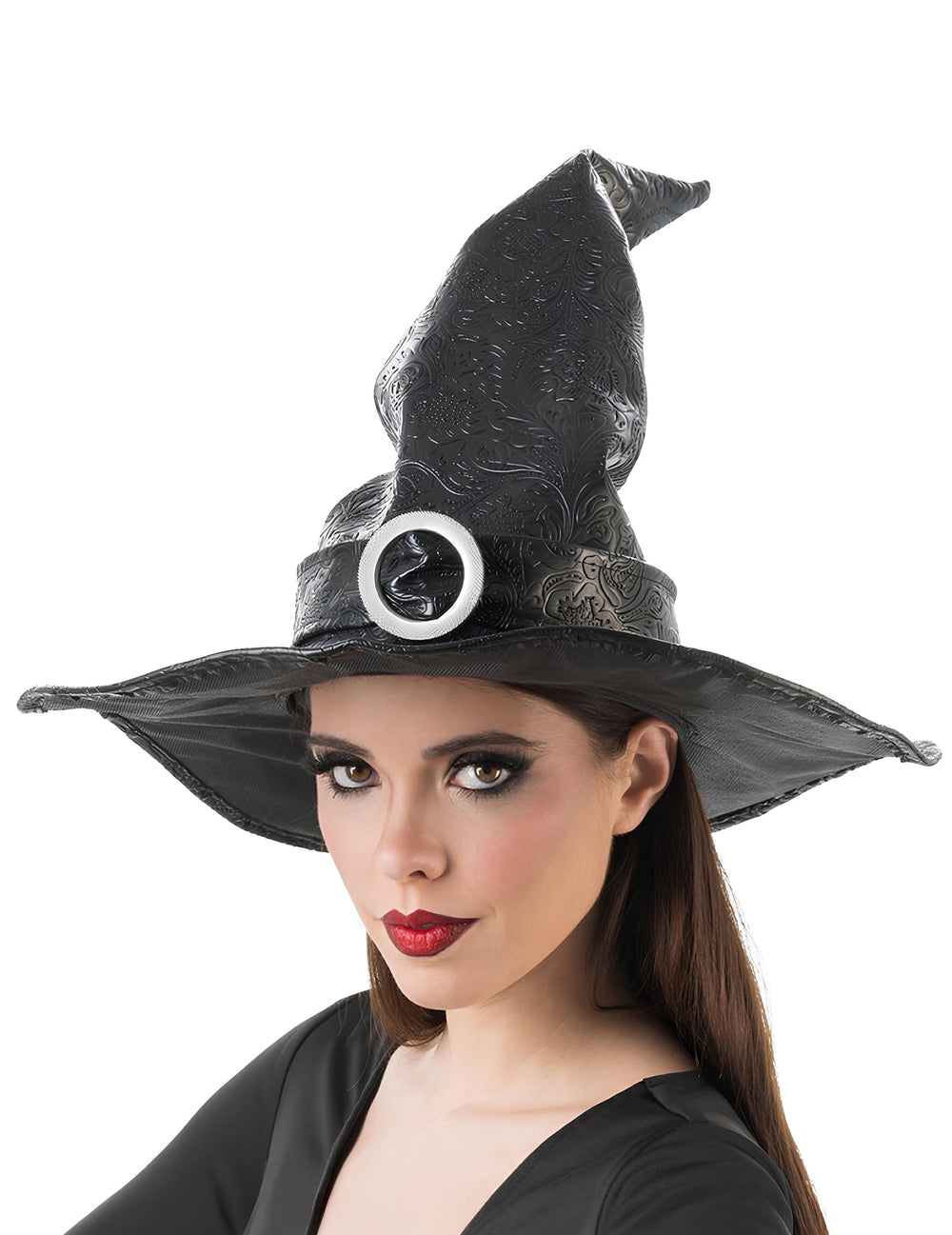 Chapeau de sorcière pour femme noir en simili cuir texturé