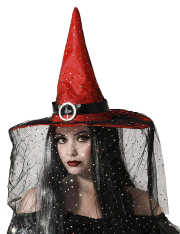 Rdeč čarovniški klobuk s tančico