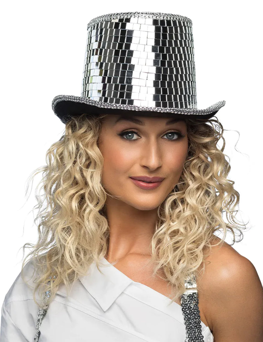 Chapeau haut de forme disco à facettes pour adulte argenté effet miroir