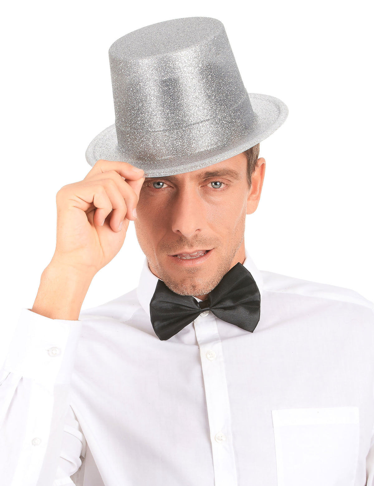 Vue de face du chapeau haut de forme en plastique pailleté