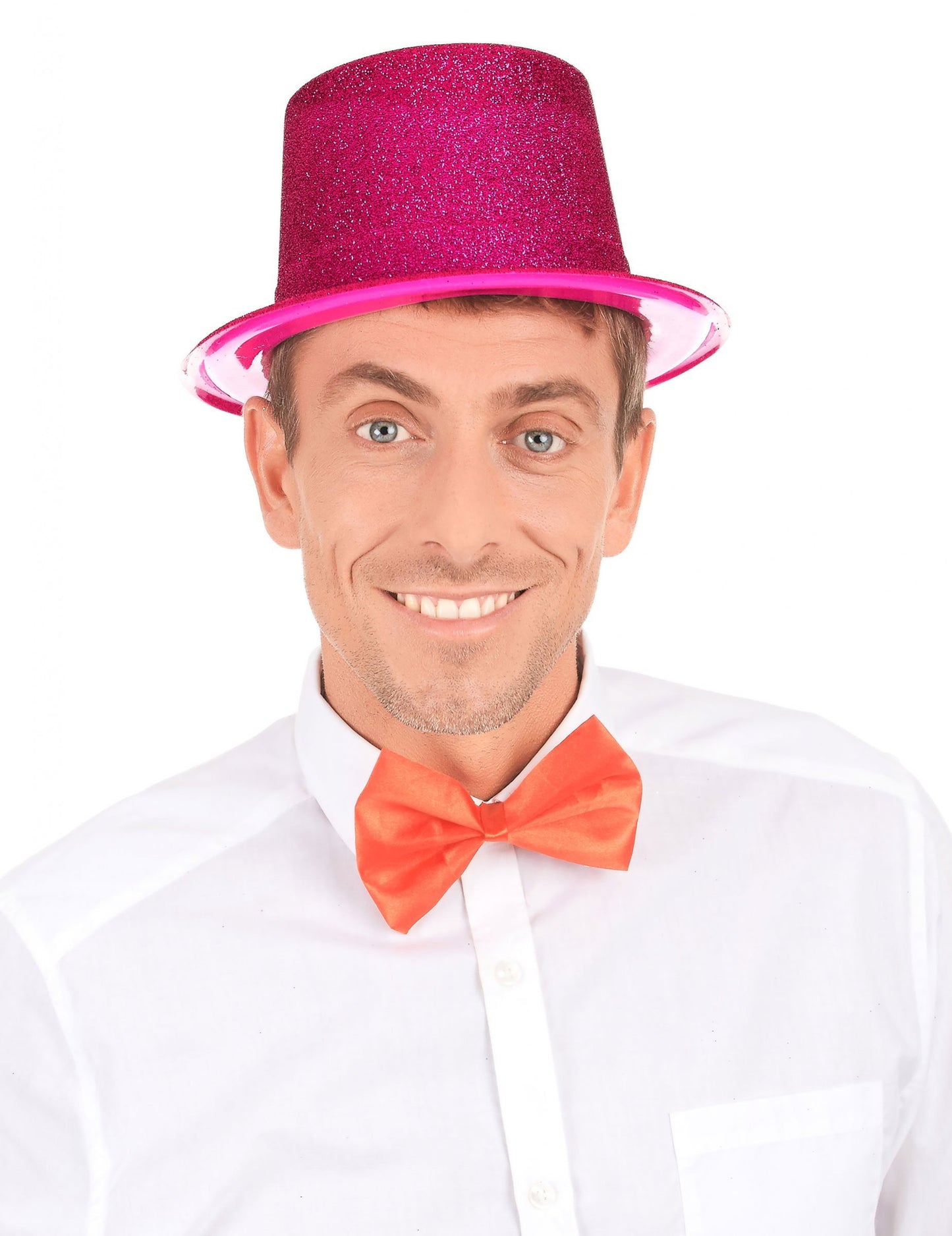 Vue de face du chapeau haut de forme en plastique pailleté pour adulte fuschia