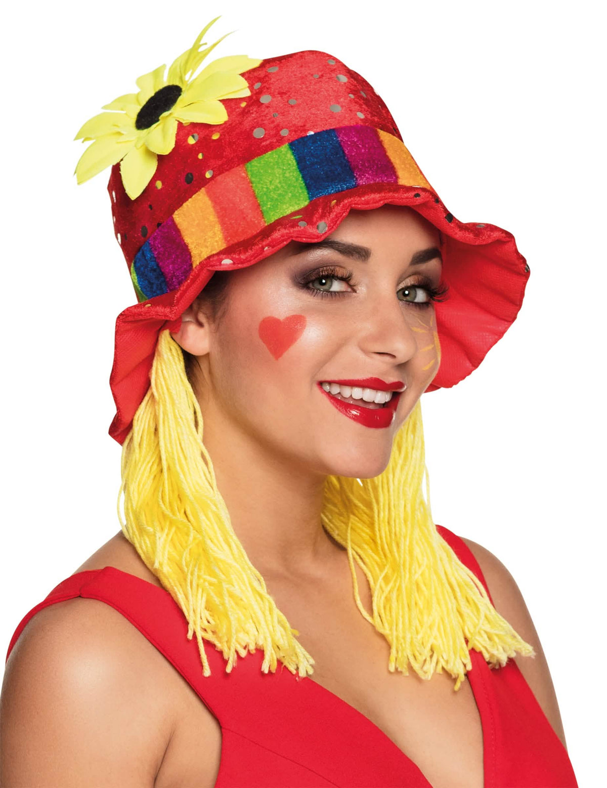 Chapeau haut de forme rouge avec tournesol pour femme avec bandeau arc-en-ciel et cheveux jaunes