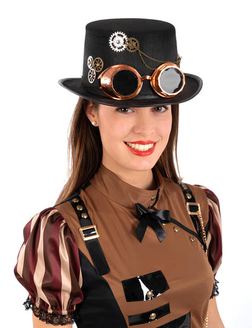 Chapeau haut de forme steampunk pour adulte noir en feutre avec lunettes et engrenages