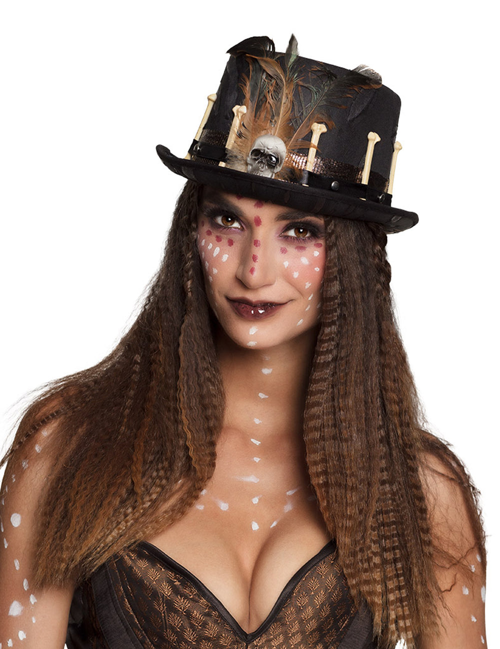 Chapeau haut de forme vaudou pour adulte noir avec plumes et ossements