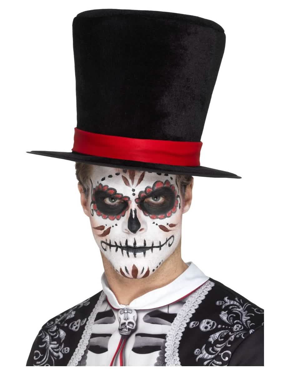 Chapeau haut de forme velour Dia de los Muertos pour adulte noir avec ruban rouge