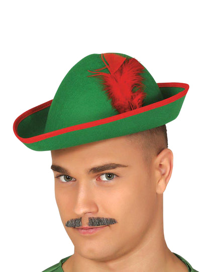 Chapeau homme des bois pour adulte vert et rouge avec plume