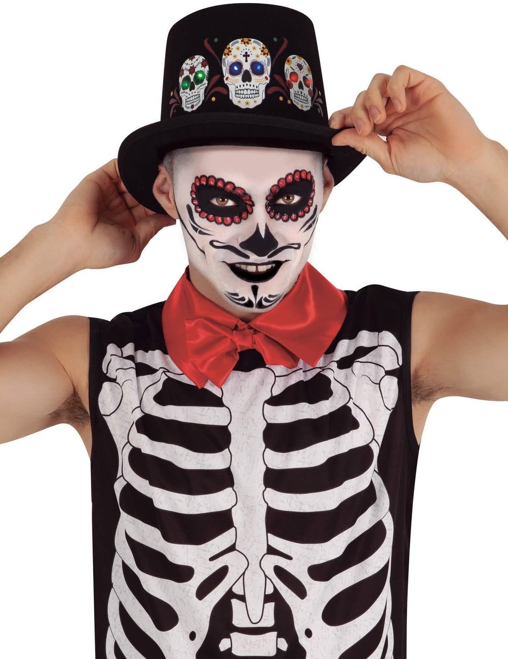 Svetleč klobuk Dia de los muertos za odrasli črna z lobanjami