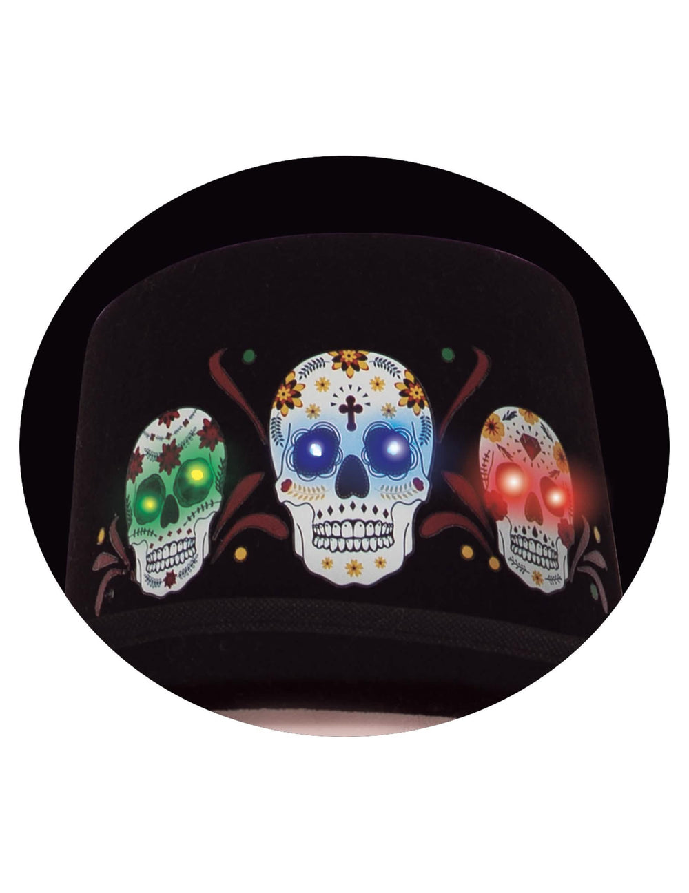 Prikaz svetlečih lobanj na svetlečem klobuku Dia de los muertos