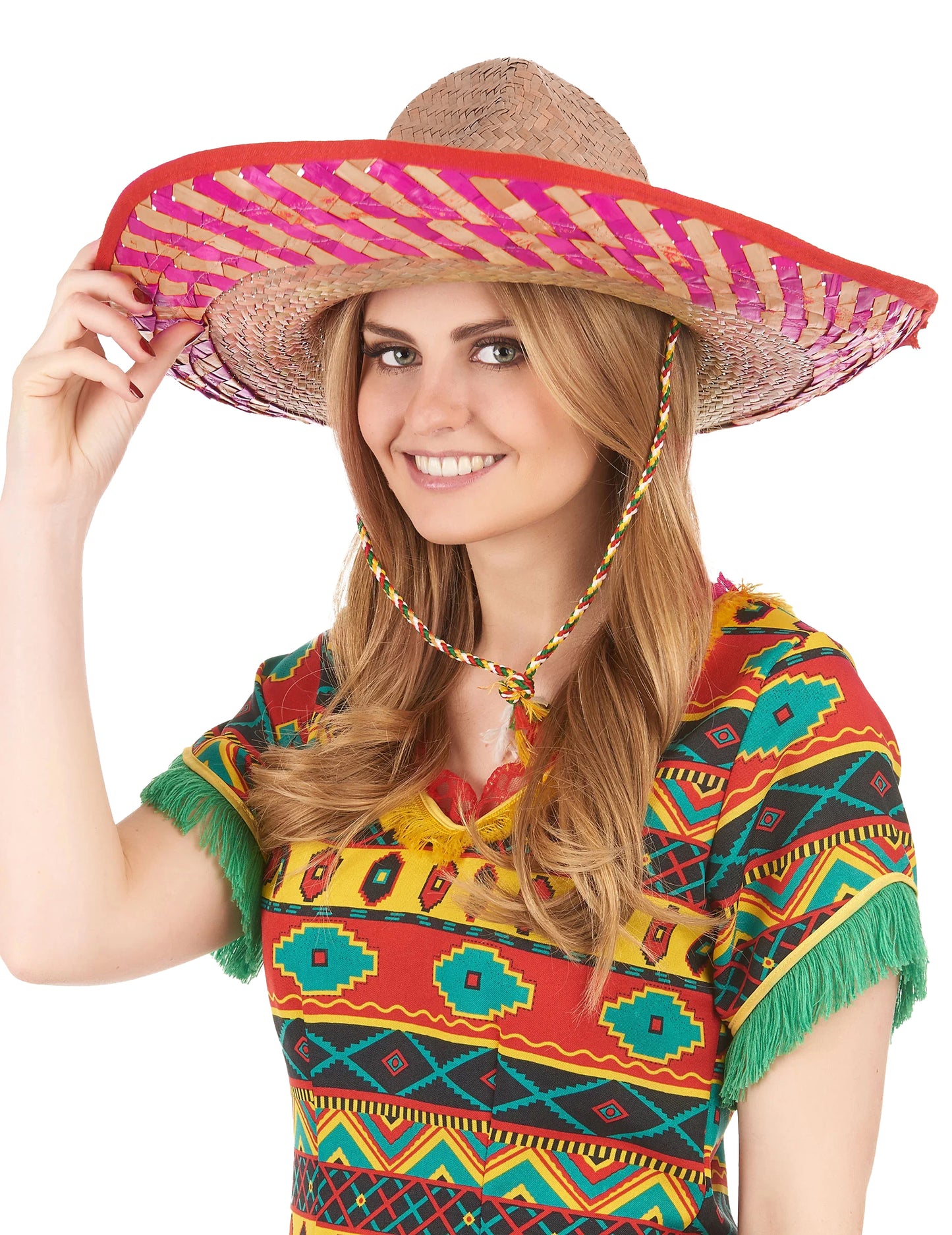 Gros plan sur le bord rose et le cordon du Chapeau mexicain pour adulte