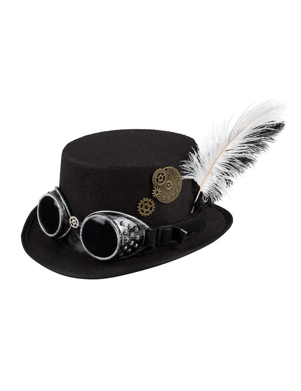 Pogled od treh četrtin z zobniki in perjem klobuka steampunk