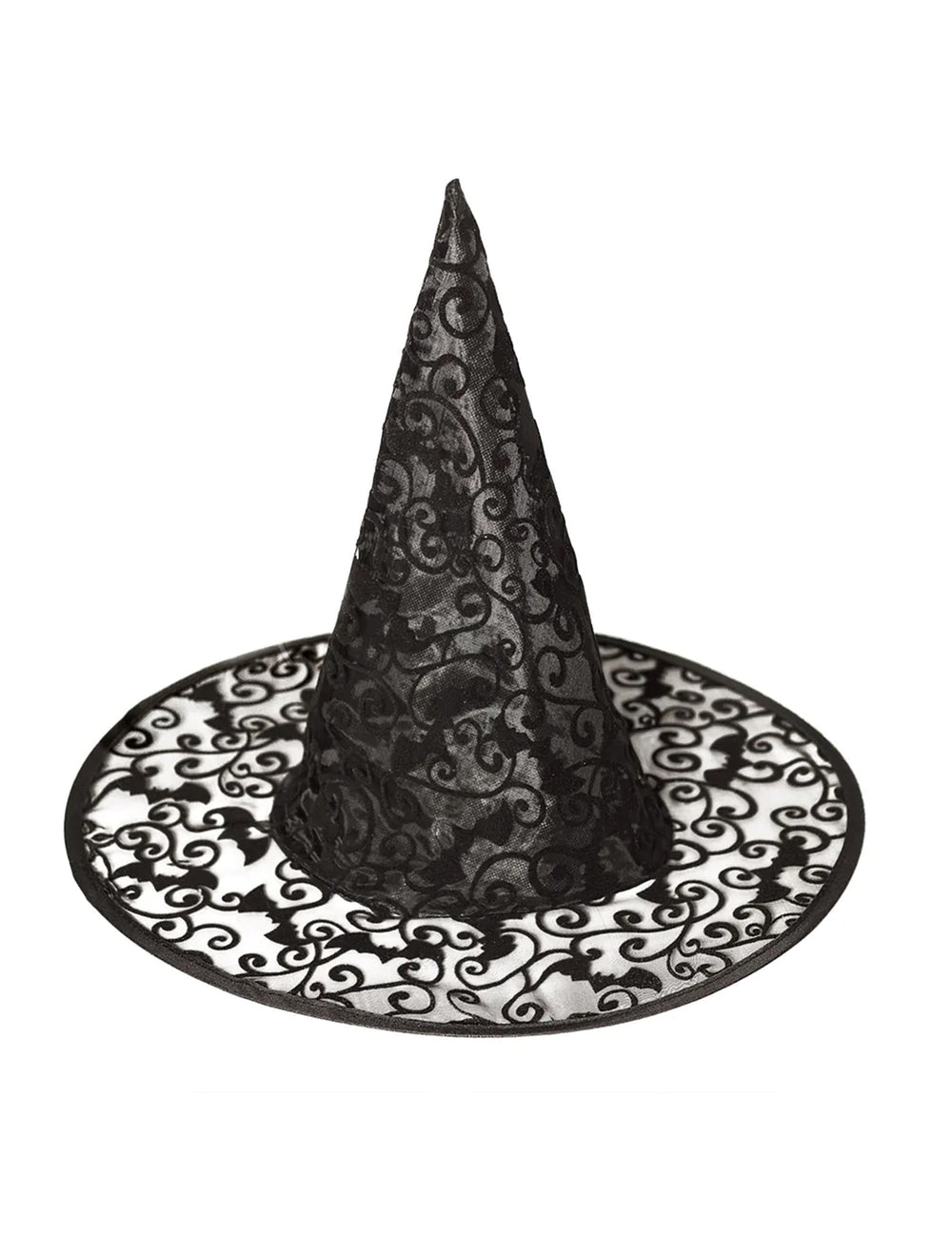 Détail des motifs de chauves-souris en dentelle du chapeau de sorcière Halloween