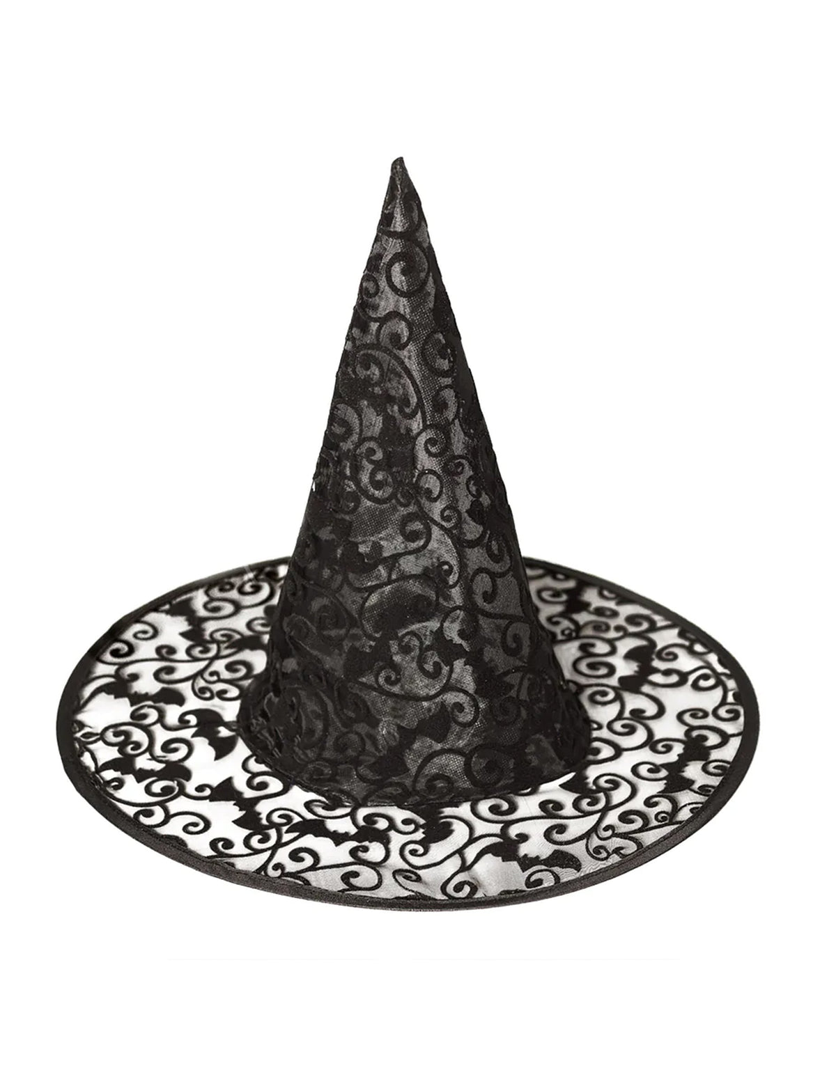 Détail des motifs de chauves-souris en dentelle du chapeau de sorcière Halloween