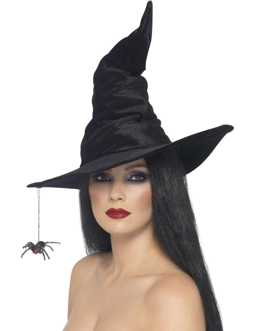 Vue de face de l'araignée suspendue du chapeau de sorcière Halloween