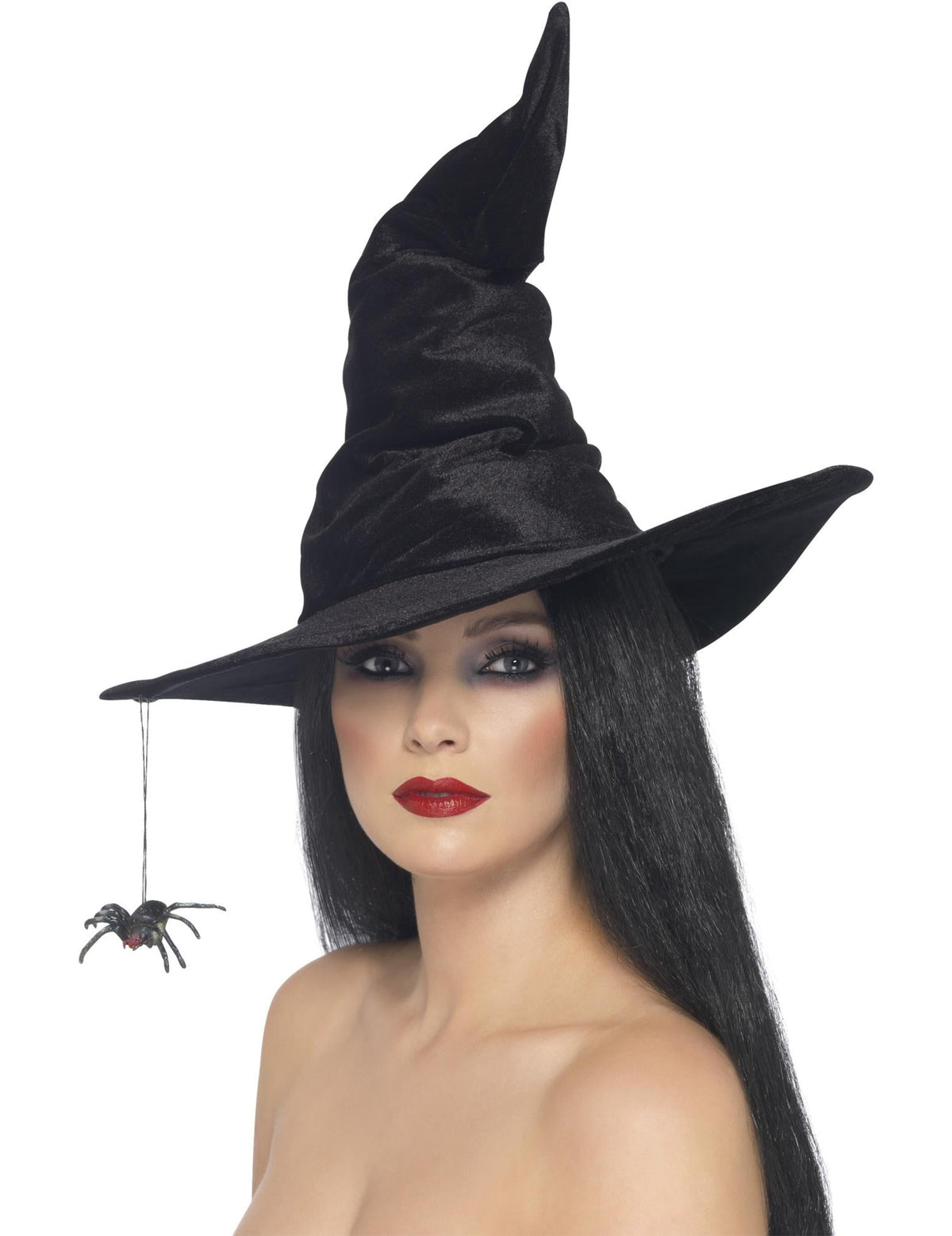 Vue de face de l'araignée suspendue du chapeau de sorcière Halloween