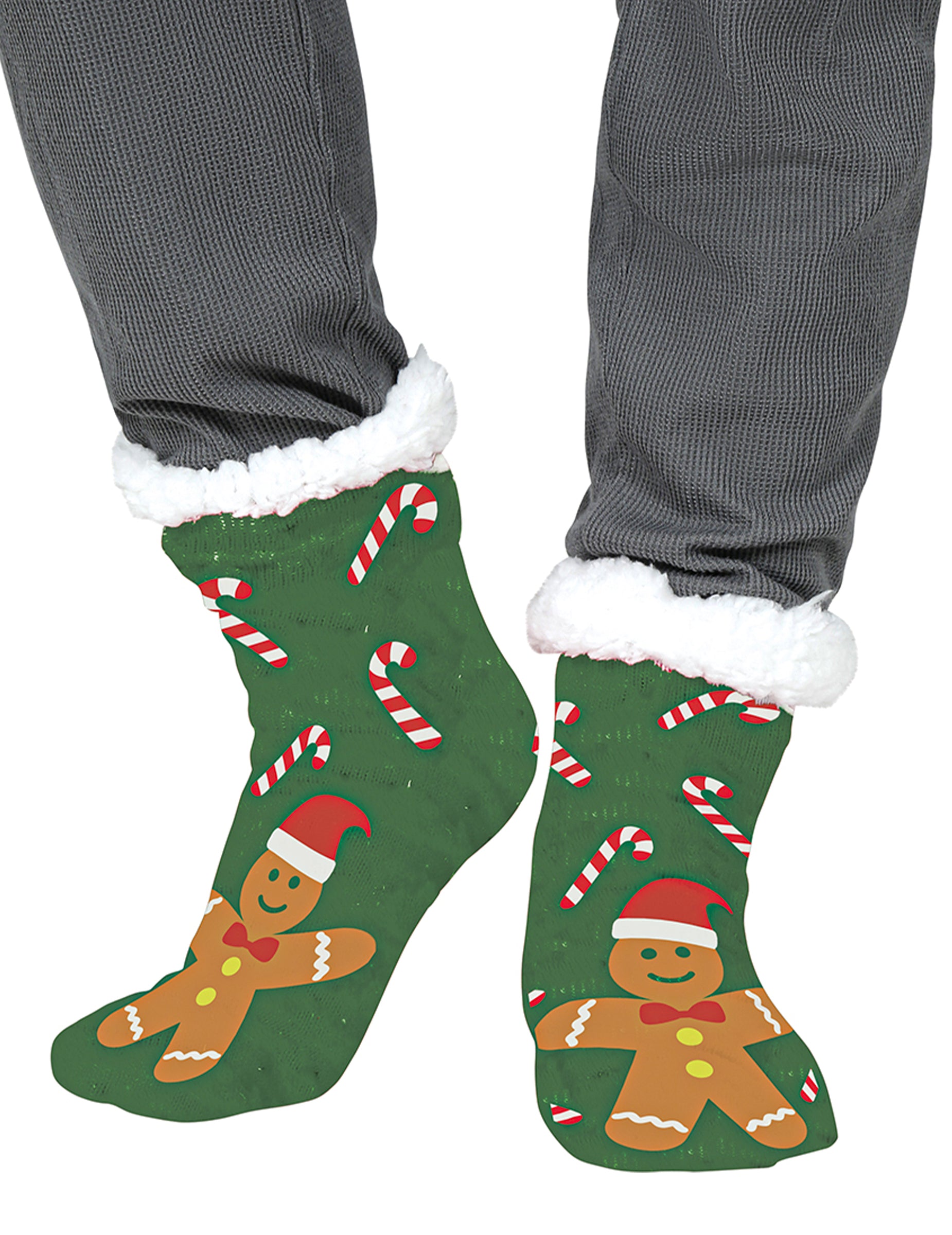 Chaussettes thermiques pains d'épices pour adulte vertes avec sucres d'orge et doublure blanche