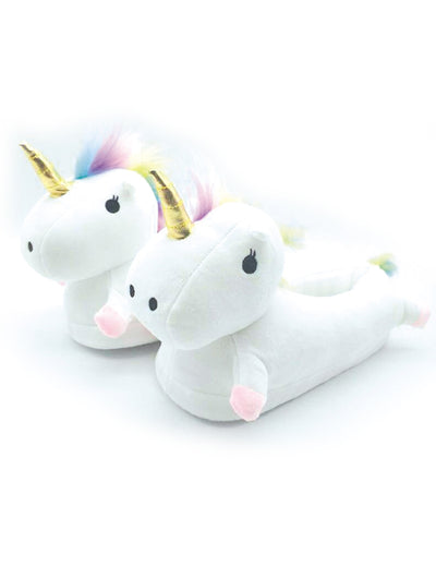 Chaussons licornes pour enfant blancs avec corne dorée et crinière arc-en-ciel