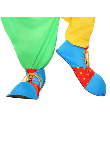 Chaussures de clown pour adulte bleu et rouge à pois jaunes