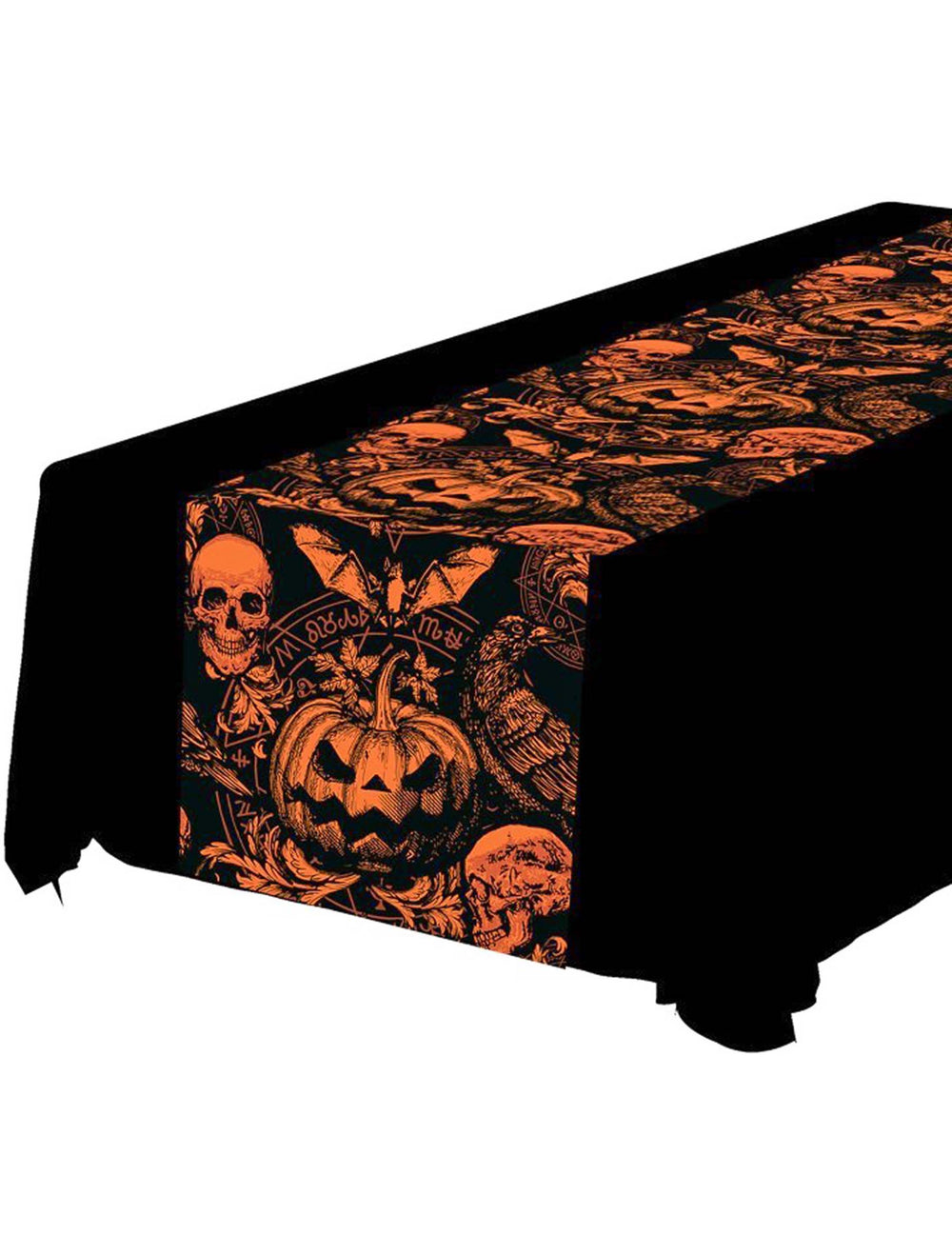 Chemin de table citrouille gothique pour Halloween noir et orange avec têtes de mort et corbeau