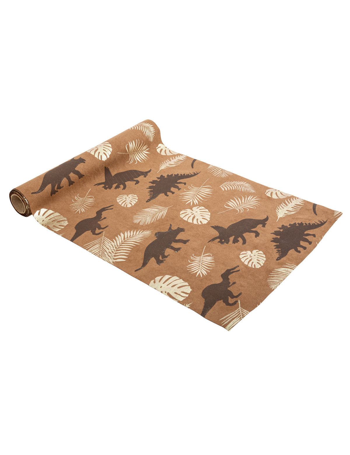Chemin de table dinosaures pour fête suédine camel et feuilles dorées