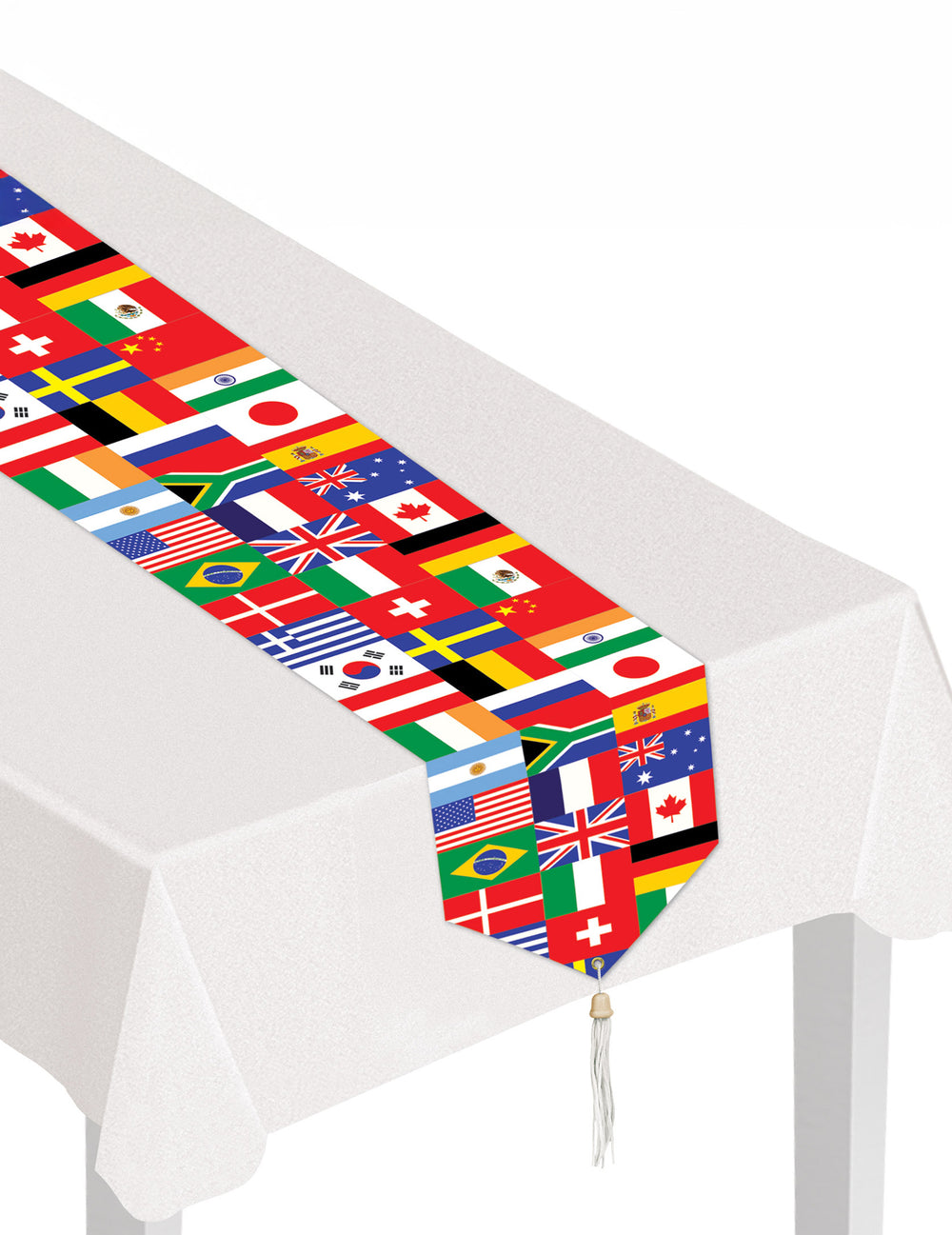 Chemin de table drapeaux pays du monde pour décoration multicolore avec pompon blanc