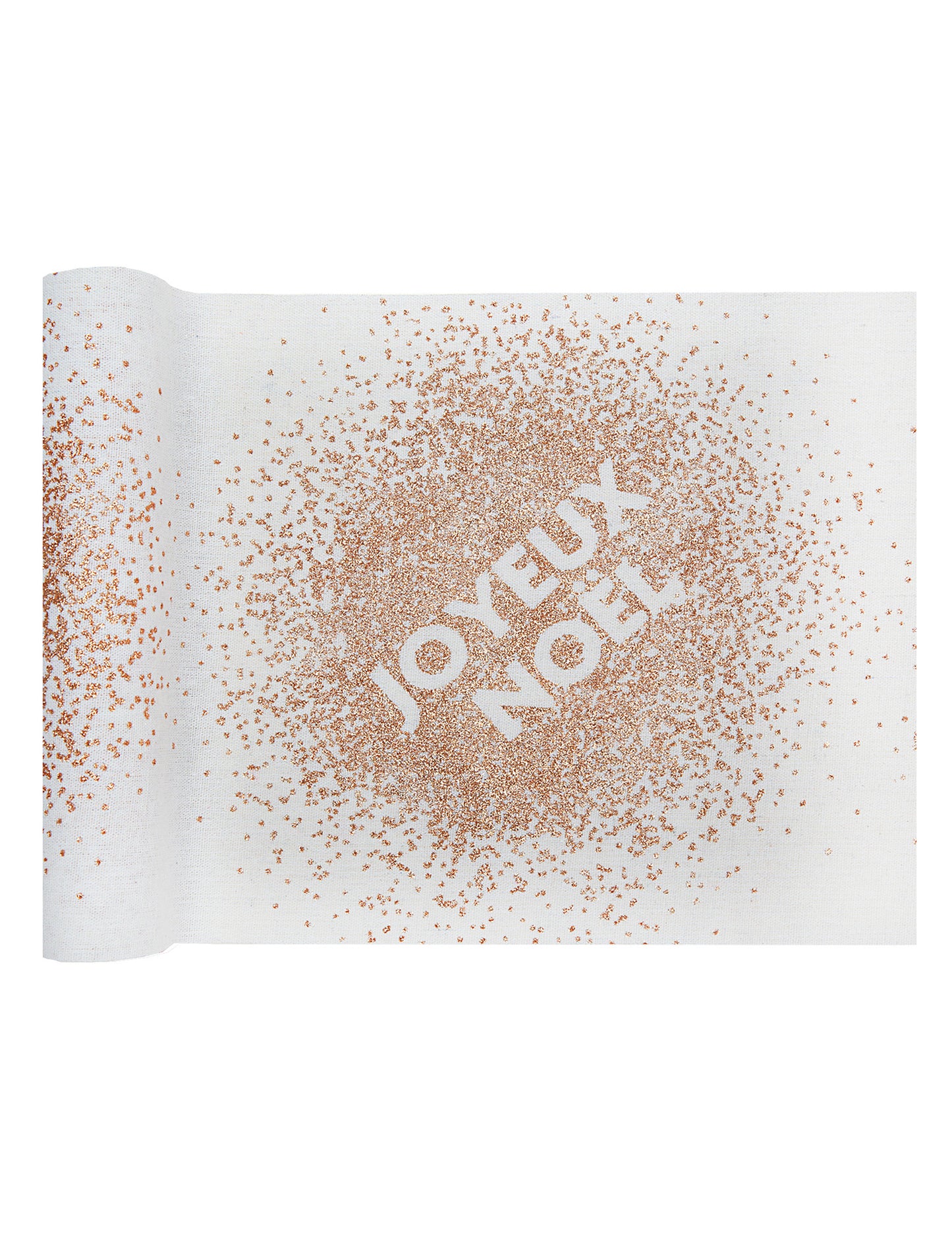 Bel bombažni prt za mizo z rožnato zlatimi bleščicami in napisom "Vesel božič", 3 m x 28 cm cm