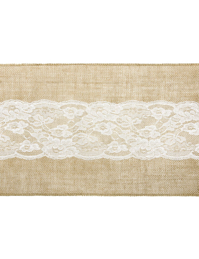 Chemin de table en jute centre dentelle naturel et blanc découpable
