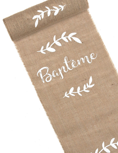Chemin de table baptême et feuillages pour fête en toile de jute naturel et blanc